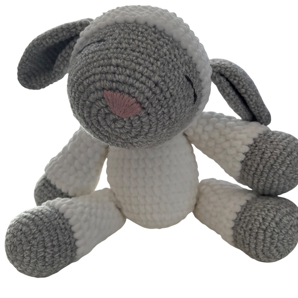 Handmade Crochet Lamb Plushie Grey White Amigurumi Sheep Stuffed Animal 11in